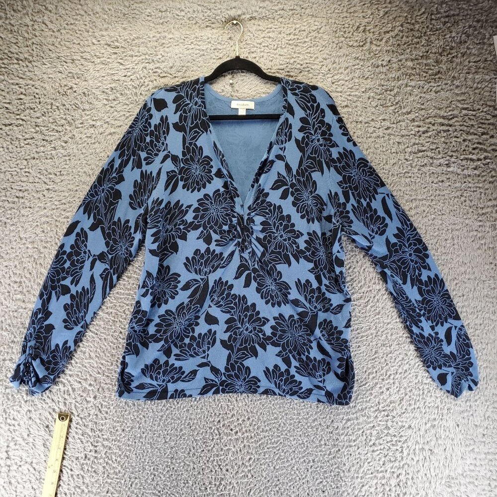 Dressbarn Top Womens XXL Blue Floral Print Long-Sleeve V-Neck Lightweight